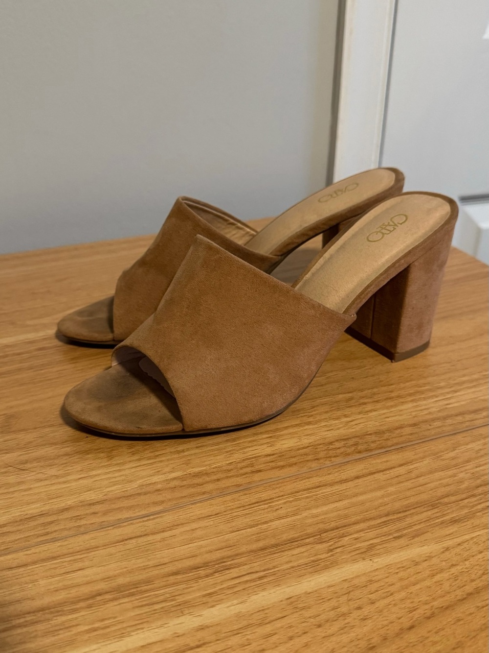 Tan Suede Open-Toe Block Heel Mules